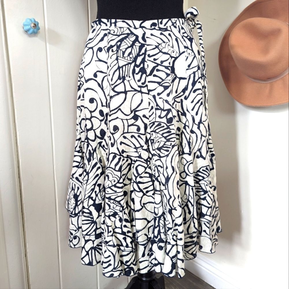 Lafayette 148 Abstract Floral Linen Ruffle Skirt Boho Preppy Cottagecore 2
